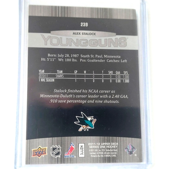 Alex Stalock Upper Deck Young Guns Rookie Card San Jose Sharks Goalie #239 - Picture 2 of 2